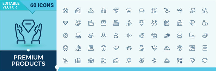 Premium Products icon pack. Contains such icons as element, product, vintage, furniture, car, access, beauty, sport. Outline symbol collection. Editable vector stroke.
