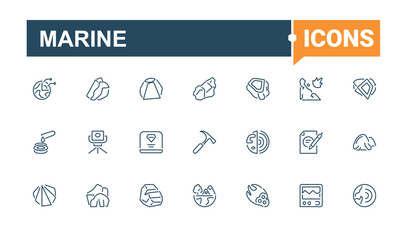 Marine isolated icon set. Includes icons for ship, ocean, wheel, vessel, sea, rope, eel, compass. Minimal linear icons. Editable stroke. Vector illustration.