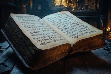 Fototapeta premium An open ancient book reveals yellowed pages filled with elegant calligraphy. Surrounding the book, a mysterious ambiance creates an enchanting atmosphere that invites exploration