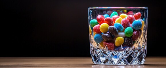Elegant crystal glass filled with colorful birthday candies, subtle lighting, blank space