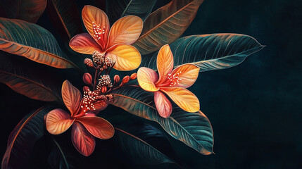 Vibrant tropical flowers surrounded by lush green leaves in a dark background