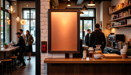 Street banner mockup PSD. Empty copper poster in busy coffee shop, artistic ambiance
