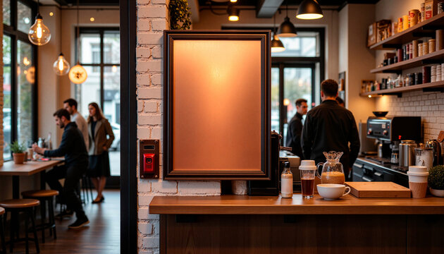 Street banner mockup PSD. Empty copper poster in busy coffee shop, artistic ambiance