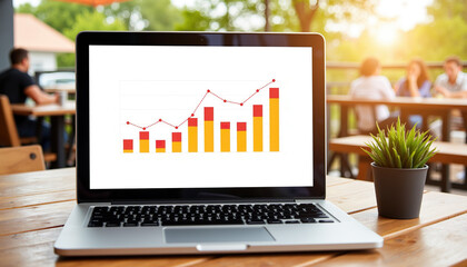 Laptop with graph showing growth on wooden table outdoors