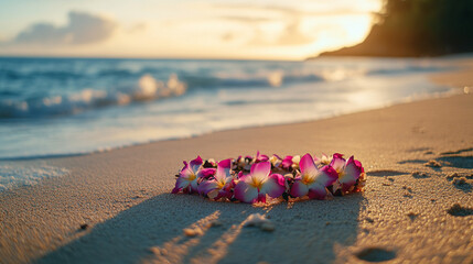 Sunset over the beach with floral offerings adorning the shore