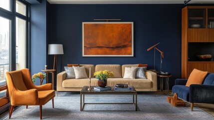 Beautifully decorated living room features a complementary color palette
