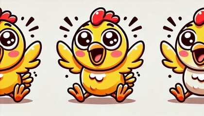Cute happy chicken cartoon illustration with sparkling eyes and joyful expression
