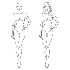 Eight-head fashion figure template. The female fashion croquis. Vector line illustration of a young woman wearing lingerie, isolated on a white background.