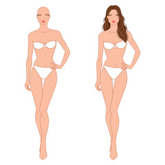 Eight-head fashion figure template. The female fashion croquis. Vector illustration of a young woman wearing lingerie, isolated on a white background.