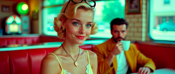 A woman with a retro hairstyle and glasses on her head sits in a diner. Her blue eyes and red lips emphasize her elegant look, while a man in a yellow suit drinks coffee behind her.