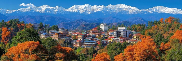 Autumn town nestled in mountains with snow-capped peaks
