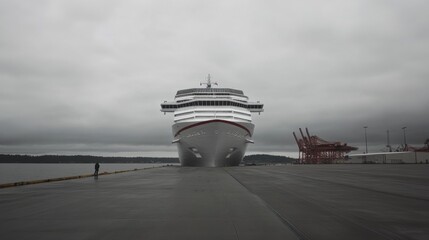 Large cruise ship at port, overcast day, dockside