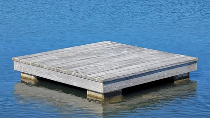 A wooden dock floating on calm water, reflecting the clear blue sky.