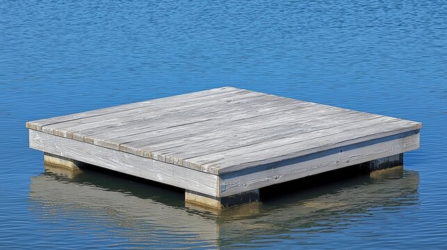 A wooden dock floating on calm water, reflecting the clear blue sky.