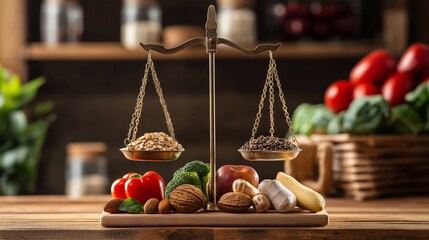 A diverse selection of fresh organic vegetables arranged around a scale, the balance of essential nutrients for a healthy diet. The mindful eating, wellness, and the benefits of natural food choices