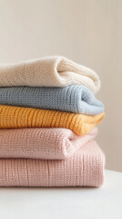 Cozy autumn fashion: vertical close up of neatly folded sweaters in soft pastel tones
