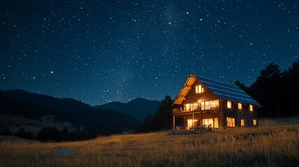 Night Sky Mountain Cabin Illuminated