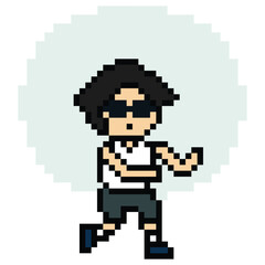 Cute pixel cartoon exercise run 8bit character man run running jog cardio lifestyle decoration life style 8 bit male boy jog marathon exercise png game 8 bit vector.