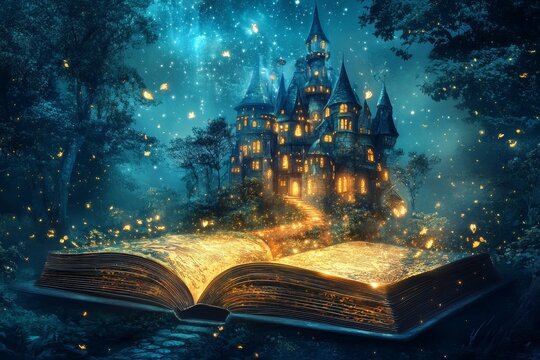An enchanting open storybook displays a stunning illustration of a magical castle nestled in a mystical forest. Glowing lights illuminate the scene, creating a captivating atmosphere