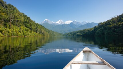 Obraz premium Serene mountain lake canoe view; tranquil waters reflecting majestic peaks