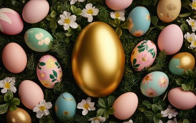 A vibrant arrangement of colorful Easter eggs surrounded by greenery and flowers, featuring a prominent golden egg in the center.