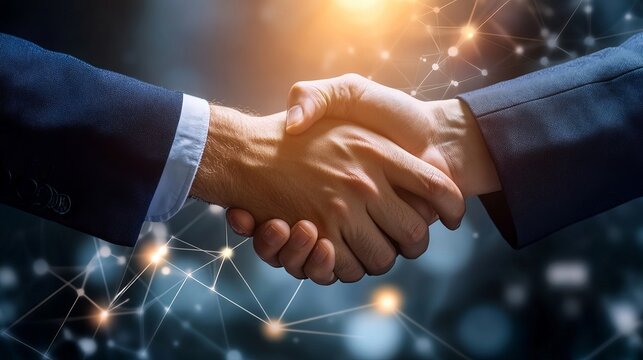 Business Handshake With Network Connection. Symbolizes Partnership, Collaboration, And Global Connectivity In A Professional Context.