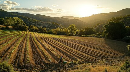 Farmer Working Sunset Hillside Agricultural Field