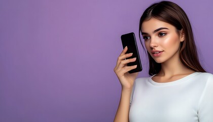 Fototapeta premium Young woman chatting on her smartphone with a focused expression on a solid purple background.