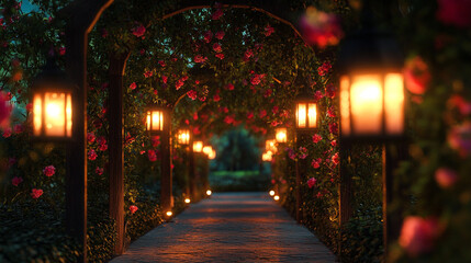 Romantic nighttime stroll through a flower-adorned pathway with lanterns in a garden