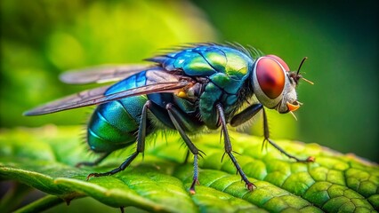 Naklejka premium Macro Photo of Bluebottle Fly on Green Leaf, Tilt-Shift Effect, Insect Photography