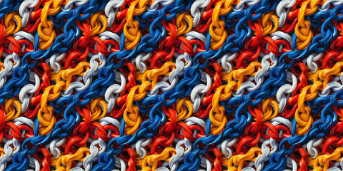 Colorful intertwined ribbons in blue, red, yellow, and white