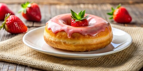 Macro Photo: Sweet Strawberry Cake Doughnut on Plate, Linen Tablecloth