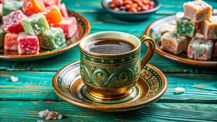 Fototapeta premium Macro Photo: Turkish Delight & Coffee on Teal Wood - Authentic Turkish Treats