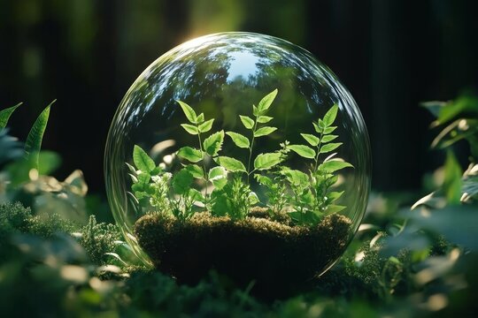 Enclosed Ecosystem Spherical Composition of Lush Greenery, Nature Photography, Eco-Sphere, environmental art Ecosphere, Terrarium
