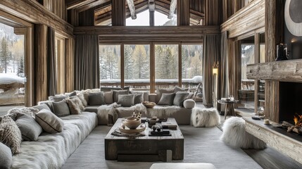 Warm and inviting wooden chalet living room in winter setting