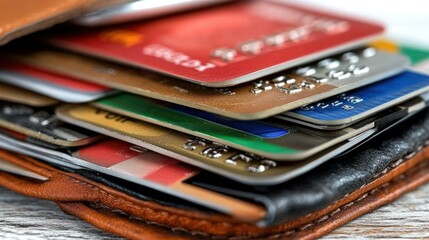 Closeup of many credit cards stacked in a leather wallet on a light wood surface