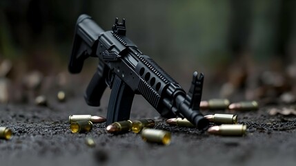 Obraz premium Black Assault Rifle on the Ground Surrounded by Ammunition