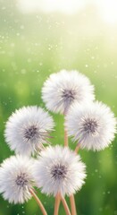 Obraz premium Close-up of dandelion seeds in sunlit field against blurred green background