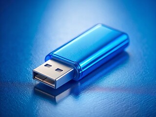 Macro Shot: Blue USB Flash Drive on Blue Background - Minimalist Tech Design