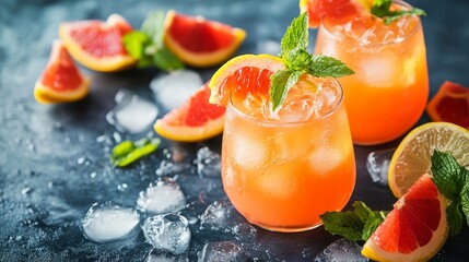 Raw of summer cocktails on a black table