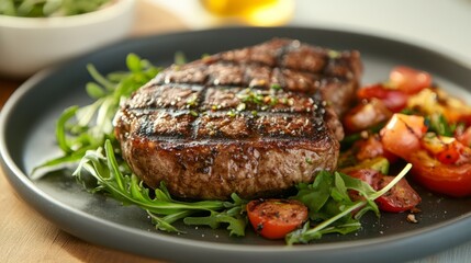 Grilled Steak Served With Arugula And Roasted Tomatoes. Healthy And Tasty Dinner.