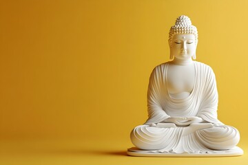 White Buddha Statue on Yellow Background with Ample Copy Space for Design