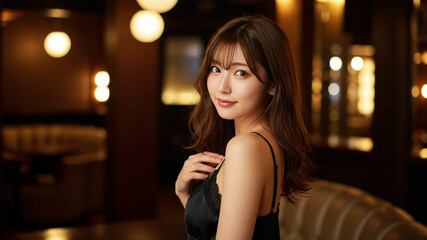 バーで微笑むおしゃれな日本人女性