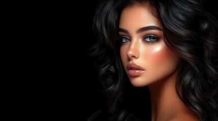Fototapeta premium Studio portrait of a woman with gorgeous makeup and curly hair against a black background