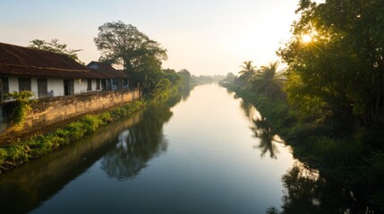 Fototapeta premium Calm morning canal village houses reflection