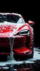 red modern car in foam on a car wash on a black background with copy space. car care banner with place for text. no people no body. vertical image.