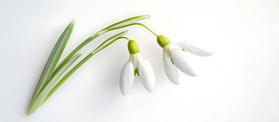 White snowdrop flower with delicate petals, top view, isolated on a white background.