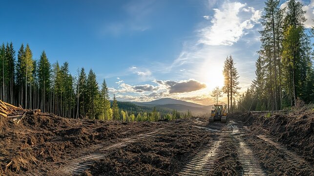 Bulldozer clearing land in a pine forest at sunset