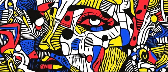 Abstract Cubist Artwork with Bold Red Yellow and Blue Geometric Shapes