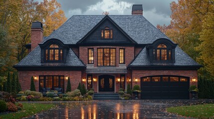Luxurious home facade with garage & autumnal trees, for real estate marketing use
